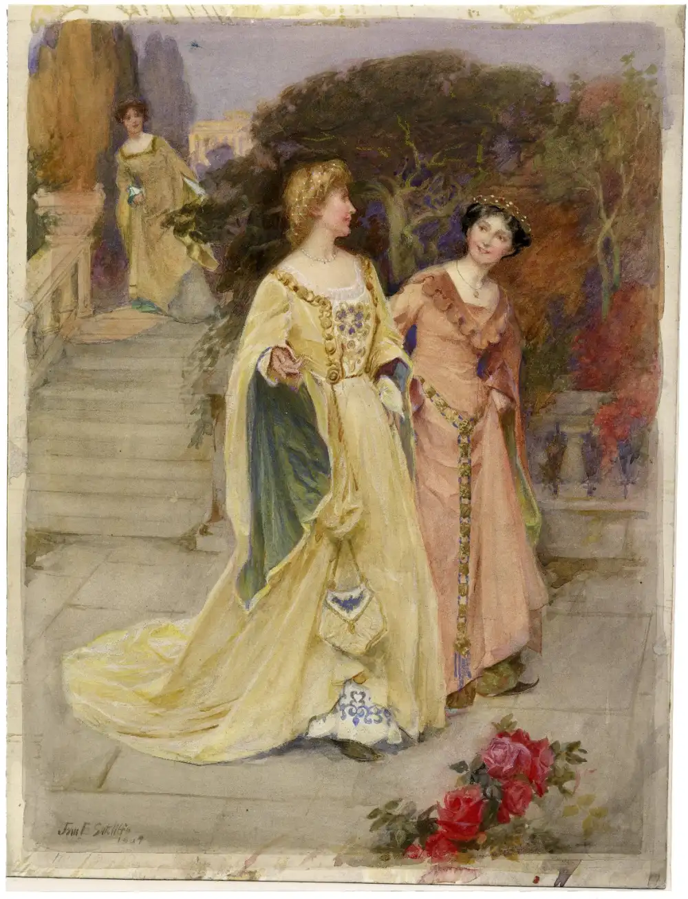A watercolor by John Sutcliffe: Beatrice overhears Hero and Ursula.