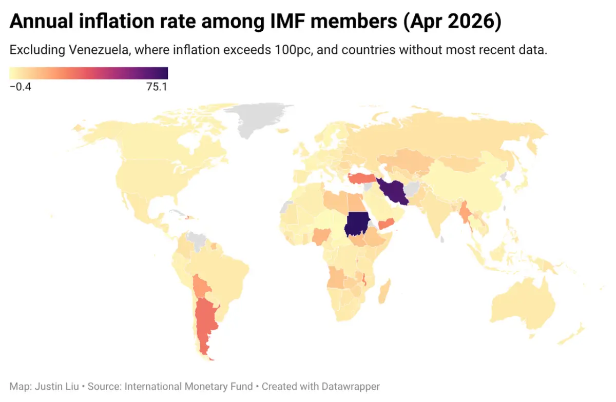World map showing annual rates of inflation among IMF member states in April 2026.